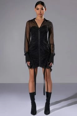 WREN RUCHED ZIP UP MESH MINI DRESS 9 WREN RUCHED ZIP UP MESH MINI DRESS -AKIRA Sales Shop wren ruched zip up mesh mini dress black 3 3