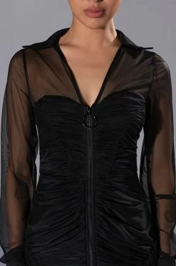 WREN RUCHED ZIP UP MESH MINI DRESS 11 WREN RUCHED ZIP UP MESH MINI DRESS -AKIRA Sales Shop wren ruched zip up mesh mini dress black 5 5