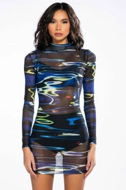 YONA MESH LONG SLEEVE MINI DRESS -AKIRA Sales Shop yona mesh long sleeve mini dress blue 3 3