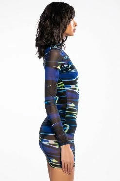 YONA MESH LONG SLEEVE MINI DRESS -AKIRA Sales Shop yona mesh long sleeve mini dress blue 4 4