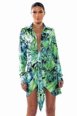 YOURS TRULY LONG SLEEVE MINI DRESS IN GREEN